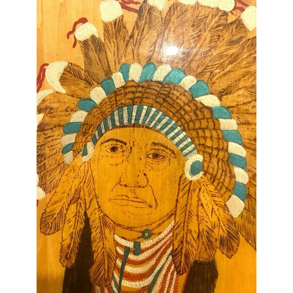 Vtg Native American Wood Burning Painting Head Dress Signed Heavy Lacquer 1991 - Picture 2 of 10